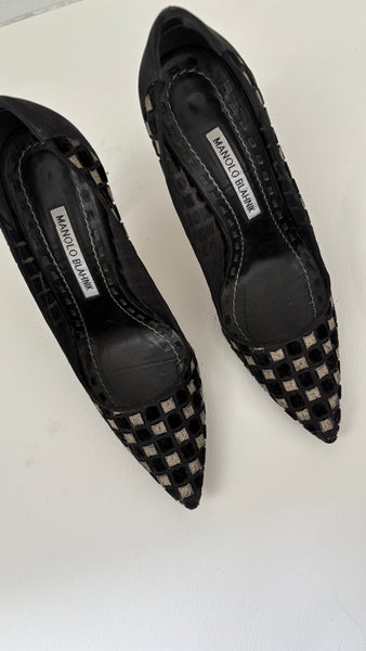 Manolo Blahnik Black Velvet Check Mesh Pointed-Toe Pumps
 38