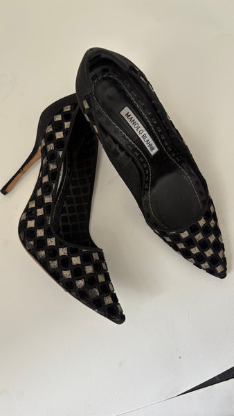 Manolo Blahnik Black Velvet Check Mesh Pointed-Toe Pumps
 38