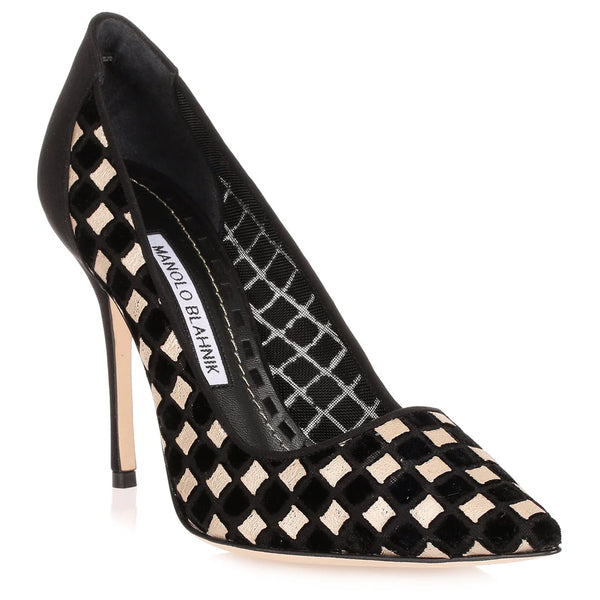 Manolo Blahnik Black Velvet Check Mesh Pointed-Toe Pumps
 38