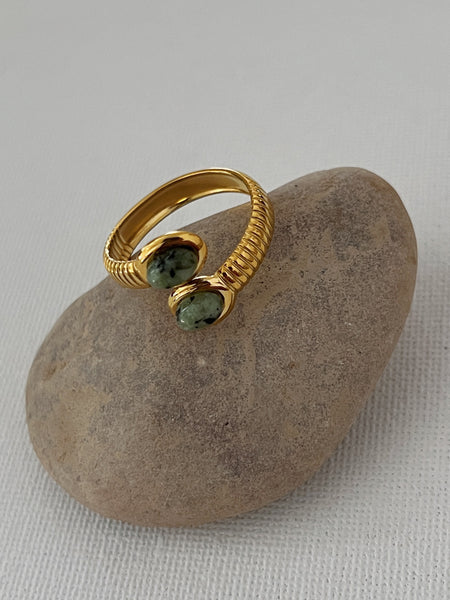 Green Throwing Stones Adjustable Ring -24K Gold