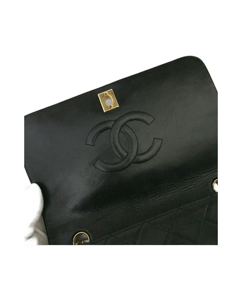 RARE  VINTAGE CHANEL Chain Shoulder Bag Lamb Skin Black Gold