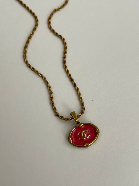 Pink Chanel Charm Vintage Refurbished Designer Pendant Button Necklace