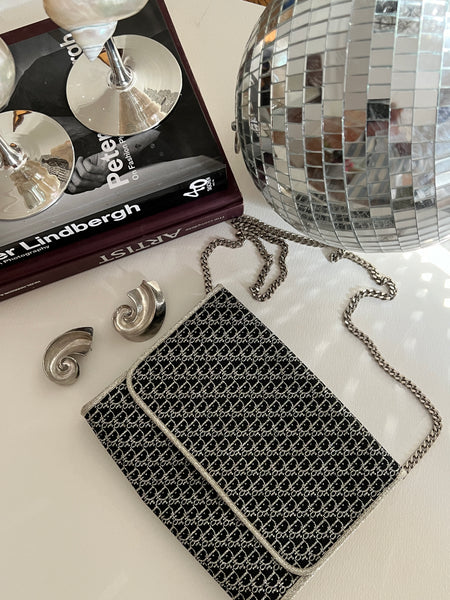 Vintage Christian Dior Vintage Handbag Logo Black Silver Lame Chain Strap