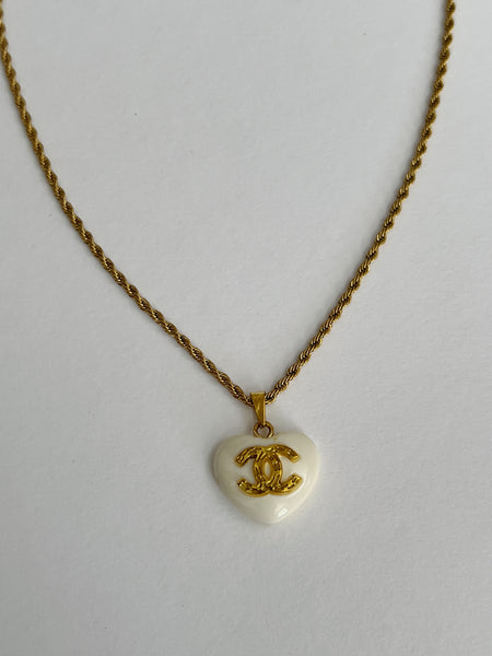 Heart Chanel Charm Vintage Refurbished Designer Pendant Button necklace