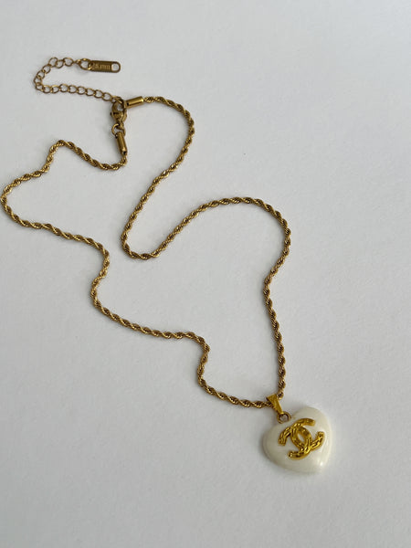 Heart Chanel Charm Vintage Refurbished Designer Pendant Button necklace