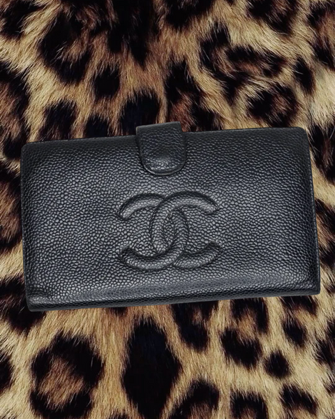 Chanel Black & Beige Caviar  Quilted Leather Long Wallet – Silver CC Logo
