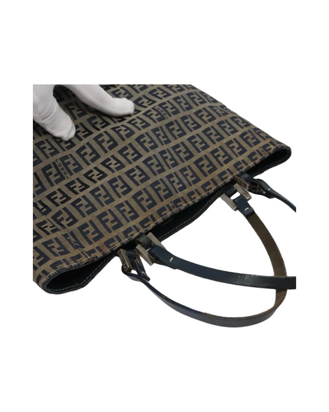 FENDI Zucchino Canvas Tote Bag Brown Black Silver