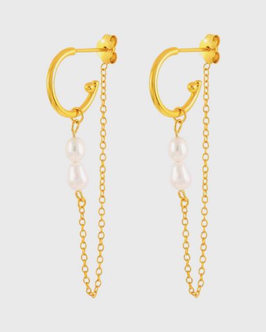 Dainty Chain Pearly Vintage Gold Earrings - 24K Gold