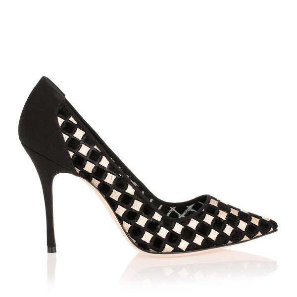 Manolo Blahnik Black Velvet Check Mesh Pointed-Toe Pumps
 38