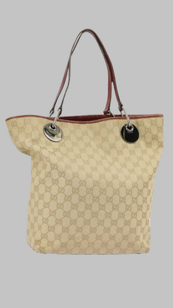 Vintage Gucci Canvas Tote — Beige, Silver & Red