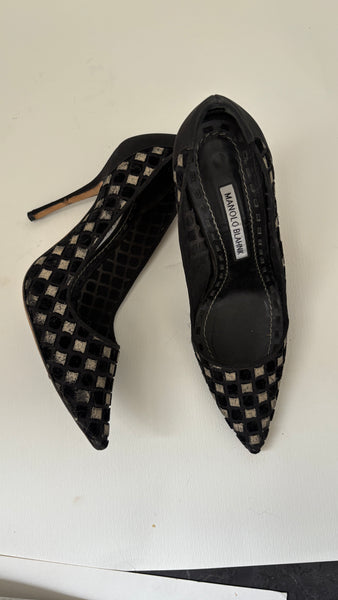 Manolo Blahnik Black Velvet Check Mesh Pointed-Toe Pumps
 38