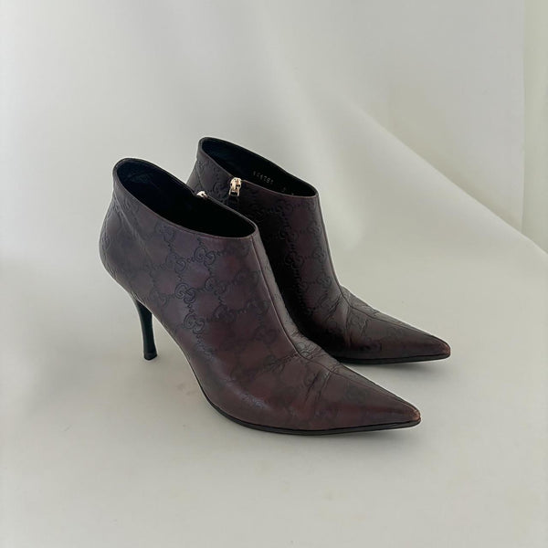 GUCCI Vintage GG Monogram Logo Short Ankle Boots Bootie Burgandy Leather Zip