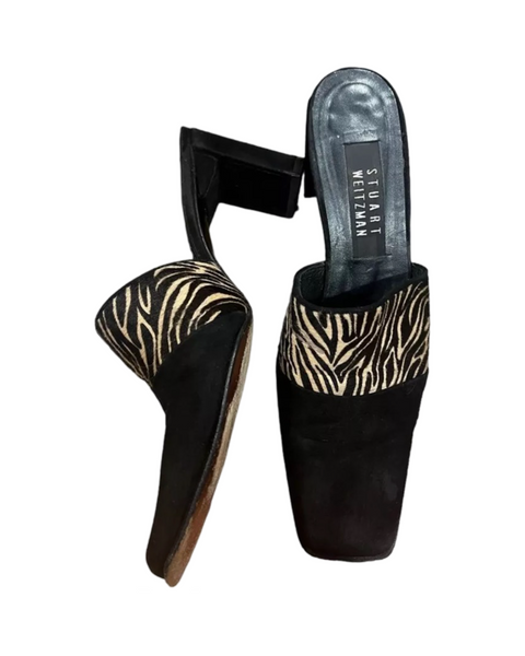 Stuart Weitzman Womens Mule Heeled Shoes Closed Toe Zebra Animal Print Size 37