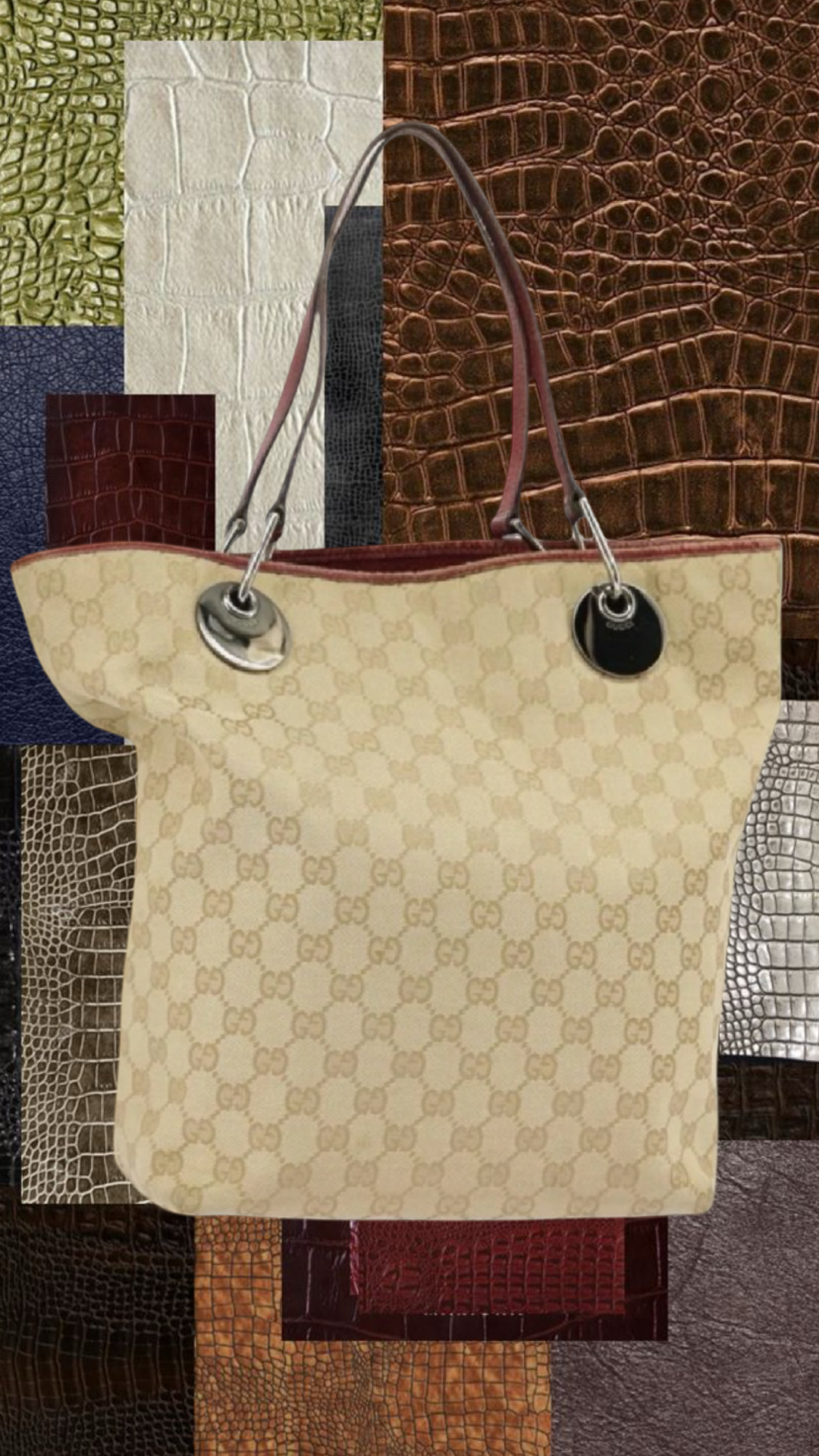 Vintage Gucci Canvas Tote — Beige, Silver & Red