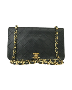 RARE  VINTAGE CHANEL Chain Shoulder Bag Lamb Skin Black Gold