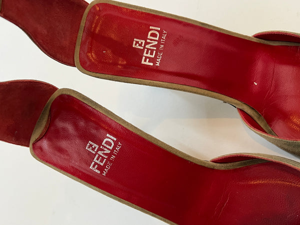 Fendi Size 7 M Beaded Suede Camel Trophy Pointed Toe Heels Made In Italy