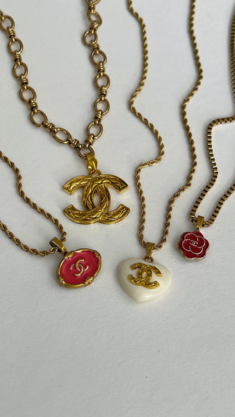 Pink Chanel Charm Vintage Refurbished Designer Pendant Button Necklace