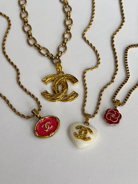 Heart Chanel Charm Vintage Refurbished Designer Pendant Button necklace