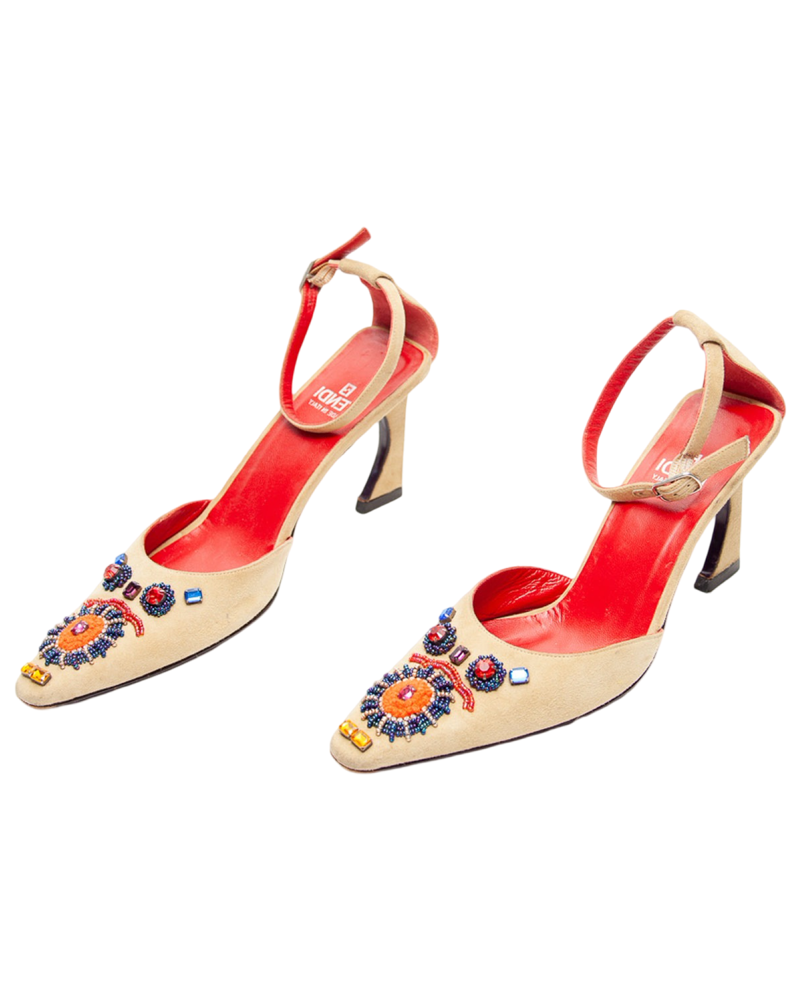 Fendi Size 7 M Beaded Suede Camel Trophy Pointed Toe Heels Made In Italy