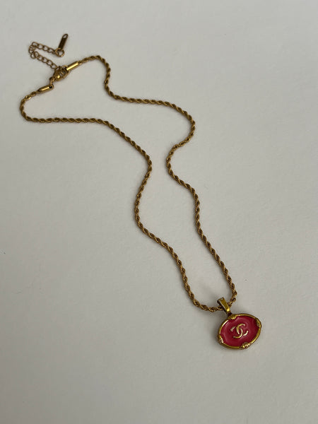 Pink Chanel Charm Vintage Refurbished Designer Pendant Button Necklace