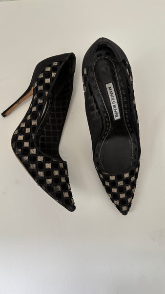 Manolo Blahnik Black Velvet Check Mesh Pointed-Toe Pumps
 38