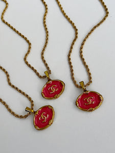 Pink Chanel Charm Vintage Refurbished Designer Pendant Button Necklace