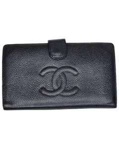 Chanel Black & Beige Caviar  Quilted Leather Long Wallet – Silver CC Logo