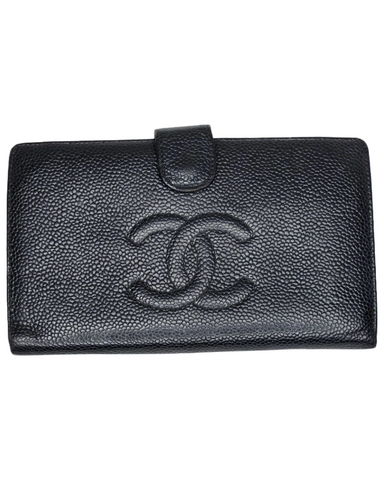 Chanel Black & Beige Caviar  Quilted Leather Long Wallet – Silver CC Logo