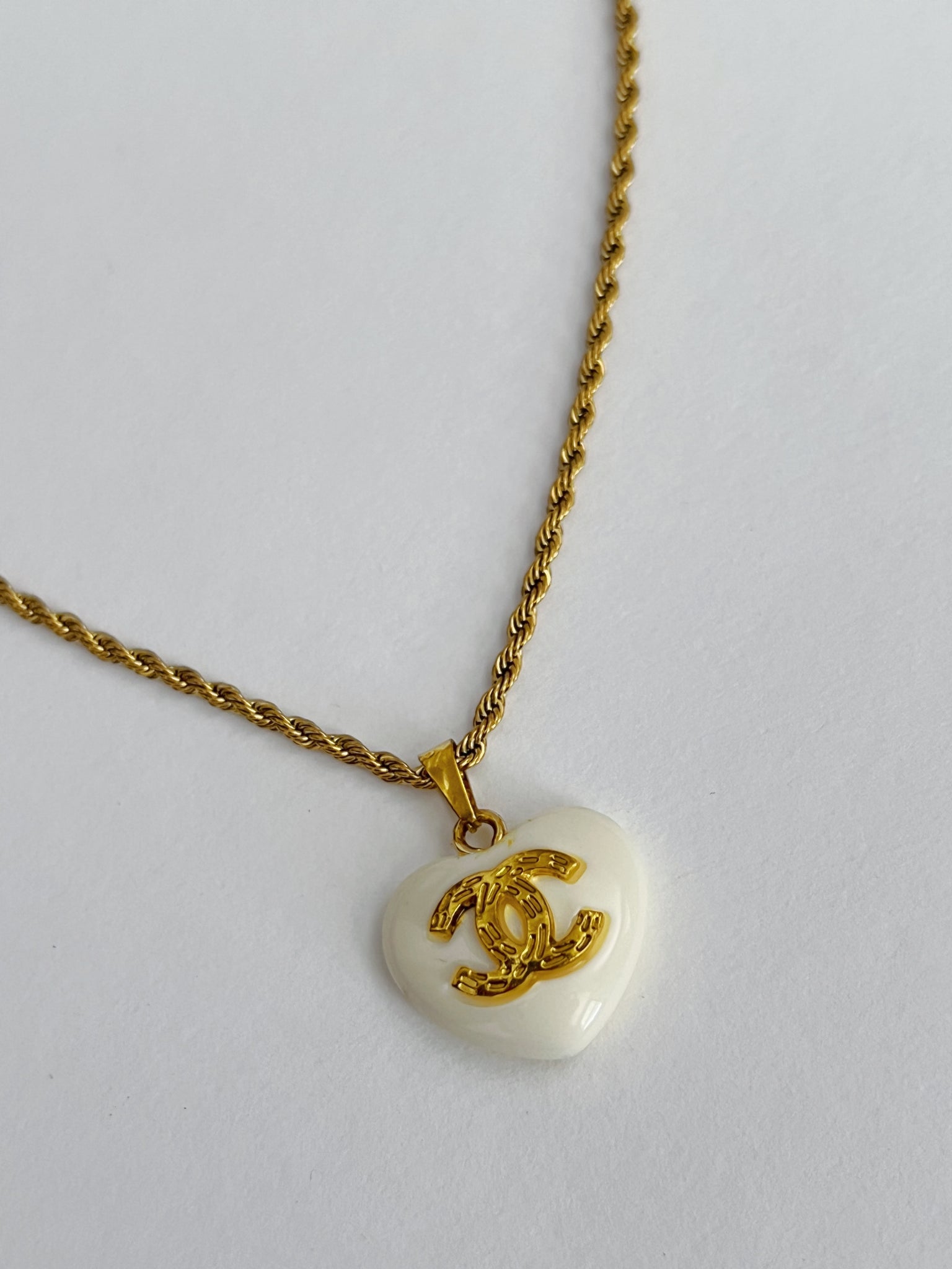 Heart Chanel Charm Vintage Refurbished Designer Pendant Button necklace