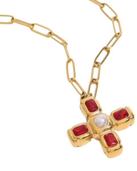 Sample Ruby Pearl Cross Necklace